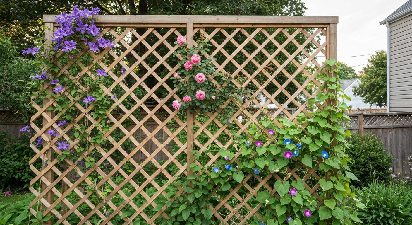 Wooden diamond-pattern lattice panel covered with clematis, climbing rose, morning glories and green foliage.