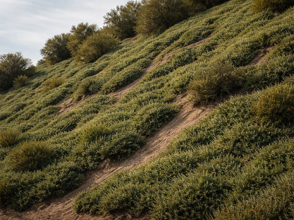 Dense groundcover and small shrubs stabilize a steep hillside with minimal exposed soil.