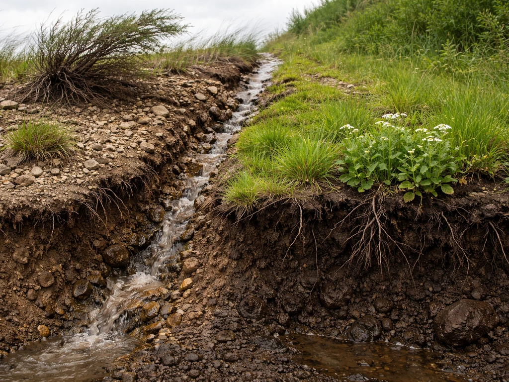 Minimal photo of a hillside split into dry and wet zones with exposed roots, runoff channel, and wind-bent plants.