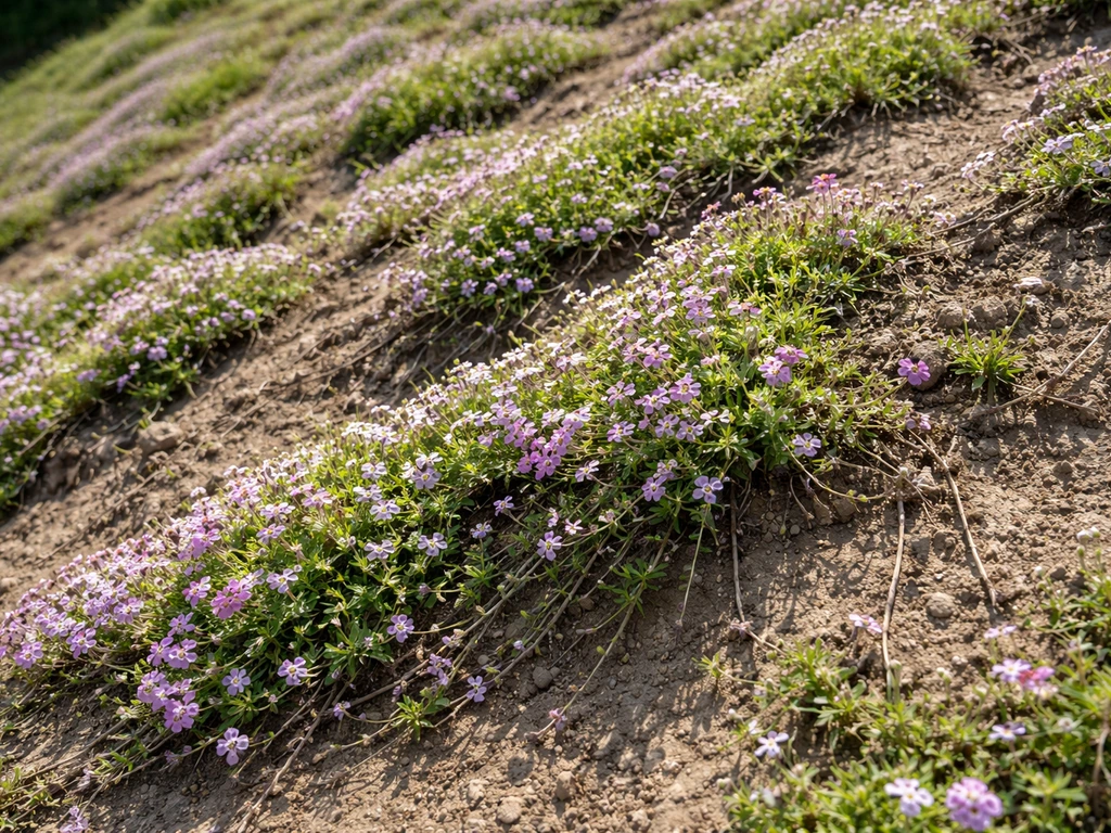 Close-up of a sunny hillside groundcover mat filling bare soil and reducing erosion