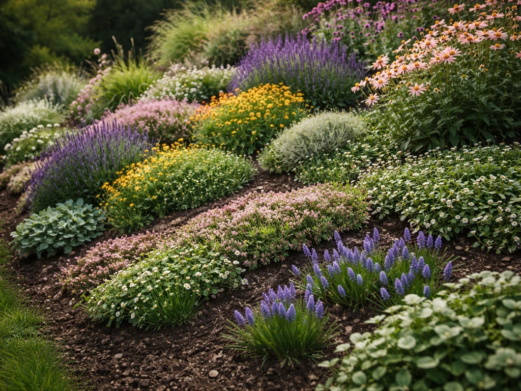 Layered hillside planting on a slope with interplanted perennials, bulbs, and groundcover in natural light.