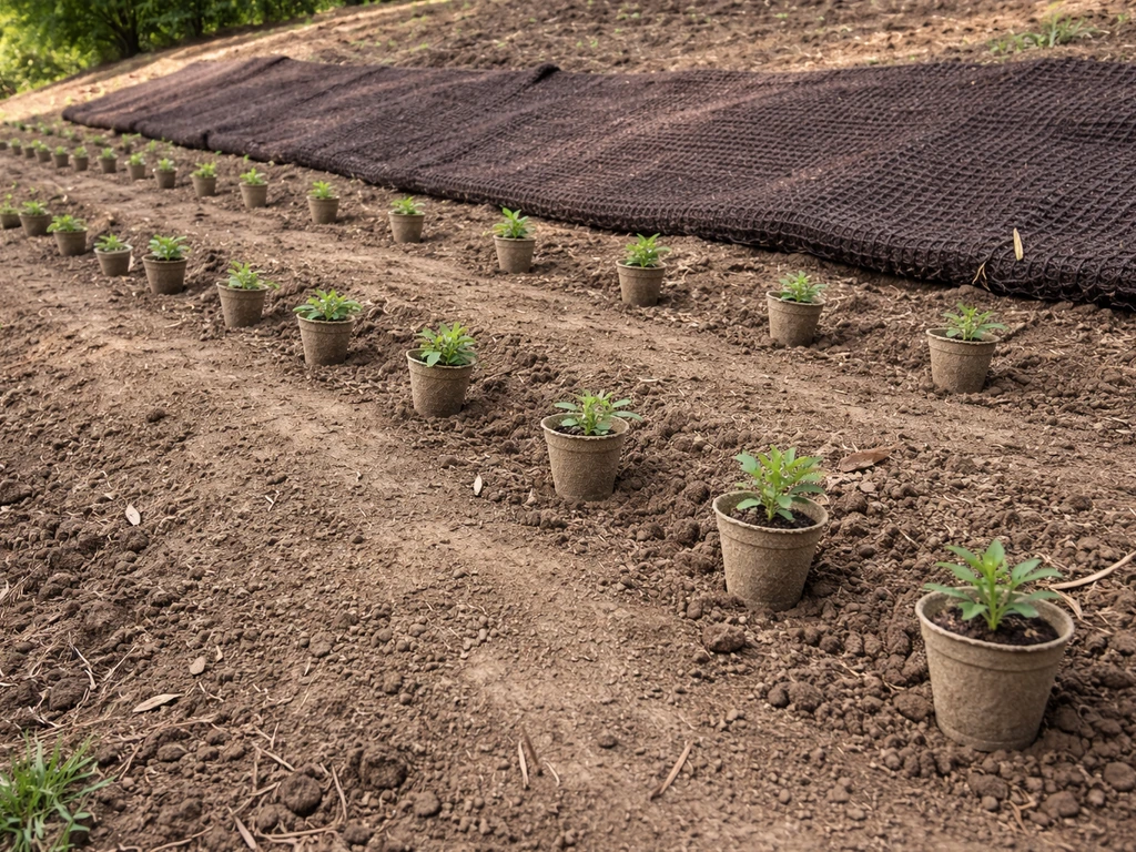 Garden slope planting setup with small plant plugs spaced along contour lines and erosion-control mulch blanket