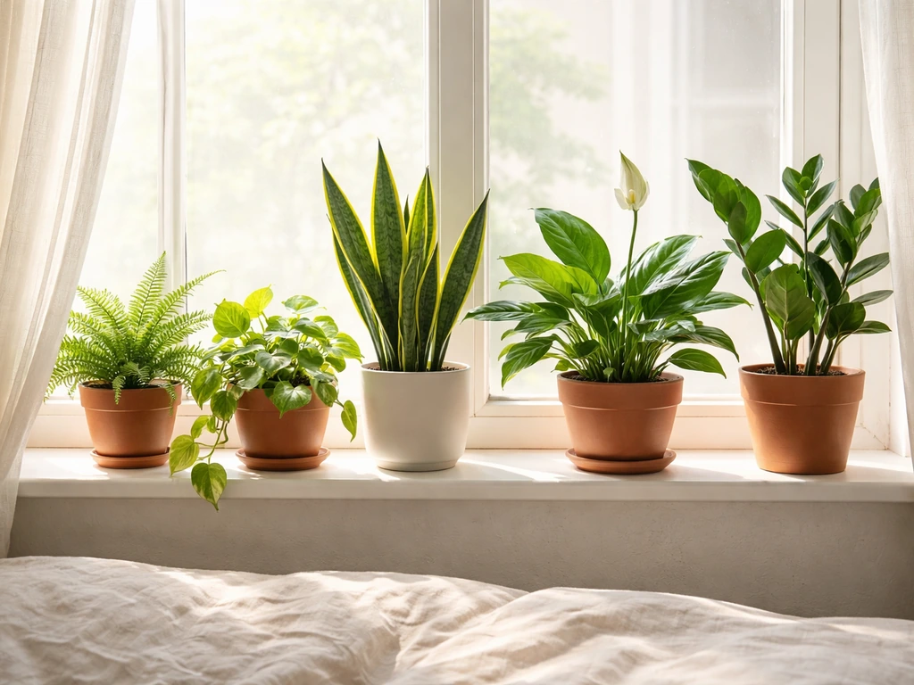 Bedroom windowsill with several bedroom-friendly plants in different leaf textures by bright window light.