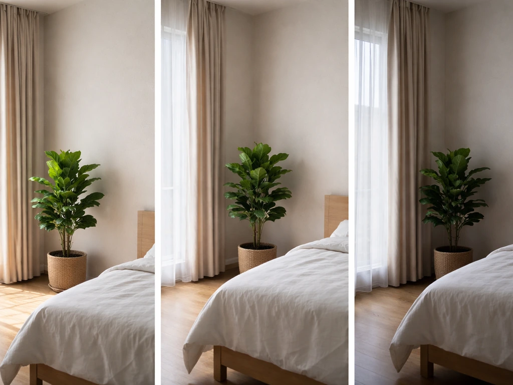 Three-panel bedroom scene comparing bright, medium, and low light plants near windows