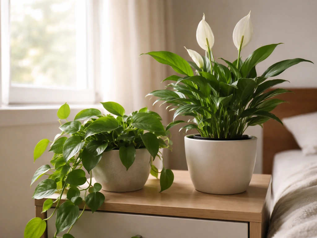 Pothos and peace lily in ceramic pots near a bright north/east window with soft indirect light.