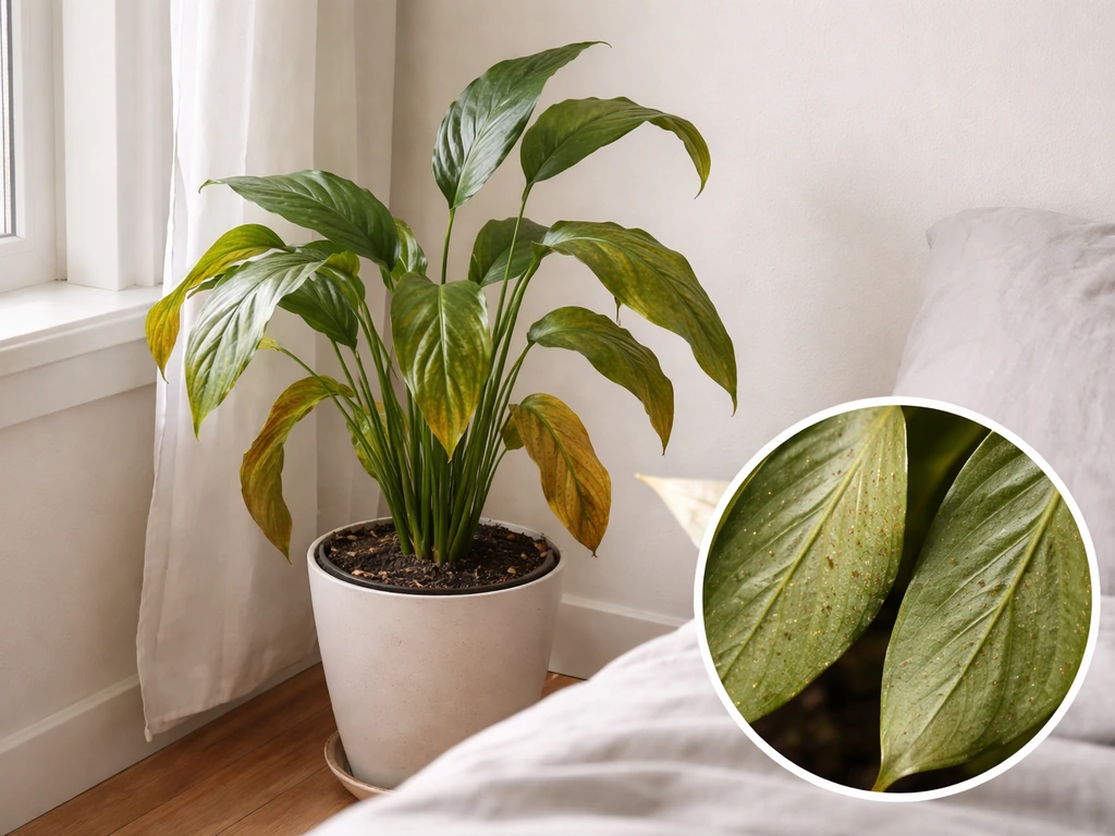 Bedroom plant with yellow drooping leaves and close-up view of leaf underside for pest checking cues