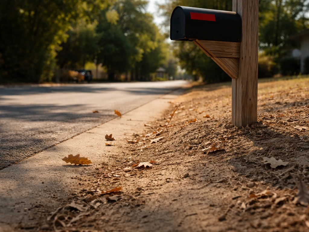 Roadside mailbox area in bright sun with dry, cracked soil and wind-swept leaves on the edge of a driveway.