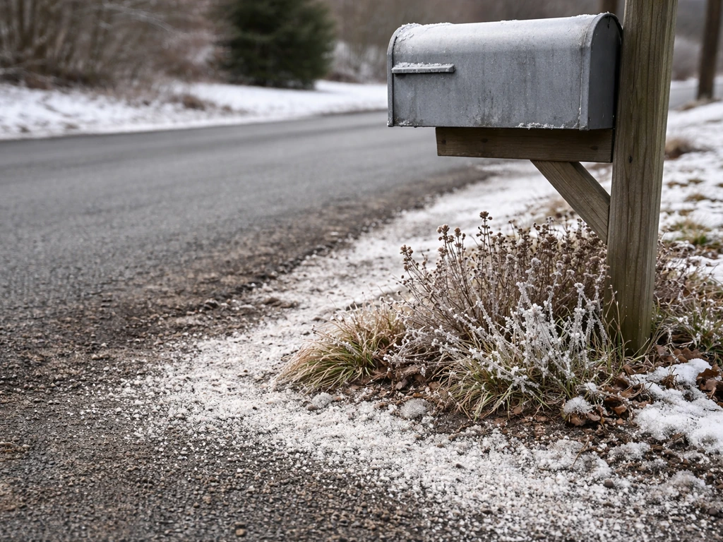 Winter roadside mailbox area with visible road-salt residue and salt spray on nearby plants and soil edge.