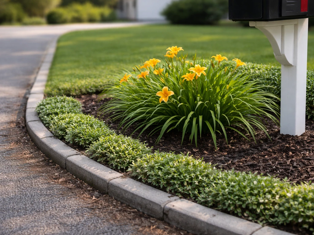 Low-maintenance daylilies and groundcover in a neat curbside border around a mailbox