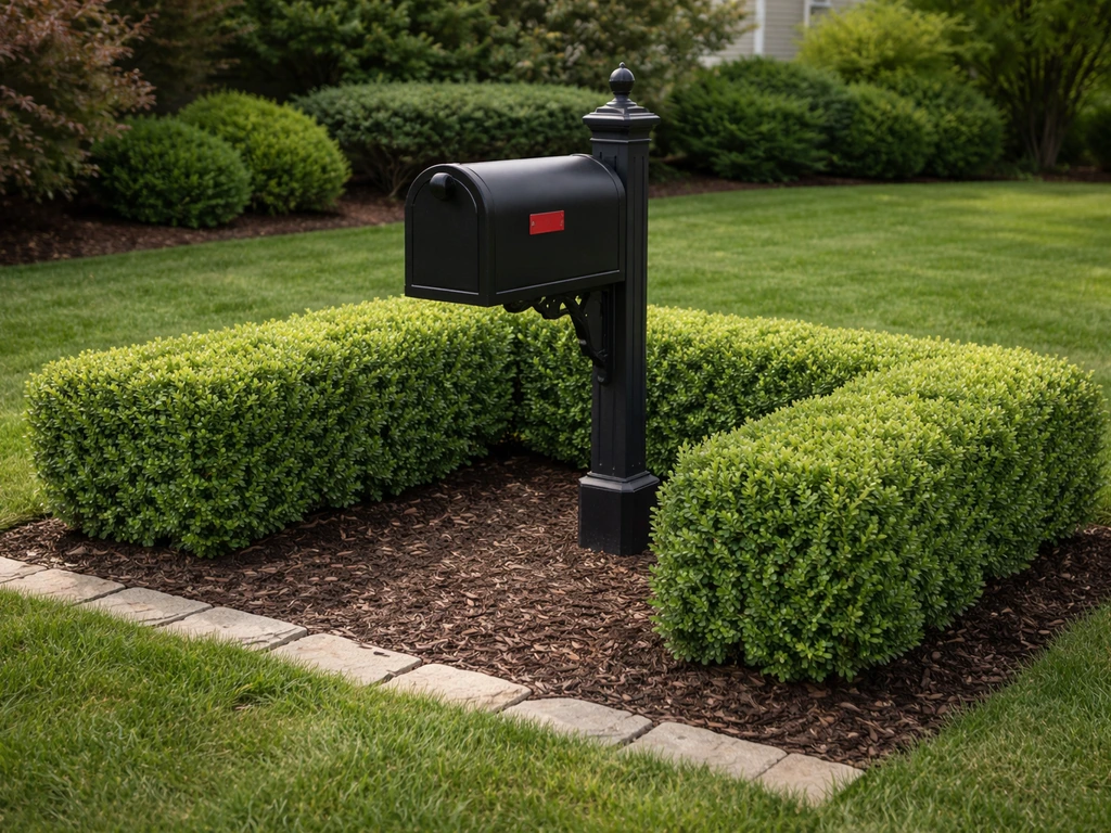 Mailbox neatly framed by compact manicured dwarf boxwood shrubs in a tidy front garden bed.