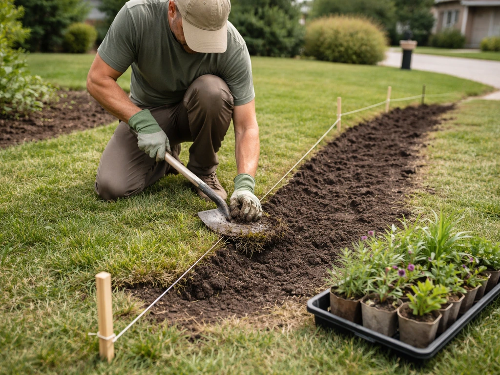 Person loosening soil in a front yard garden bed near a mailbox path after removing sod and weeds.