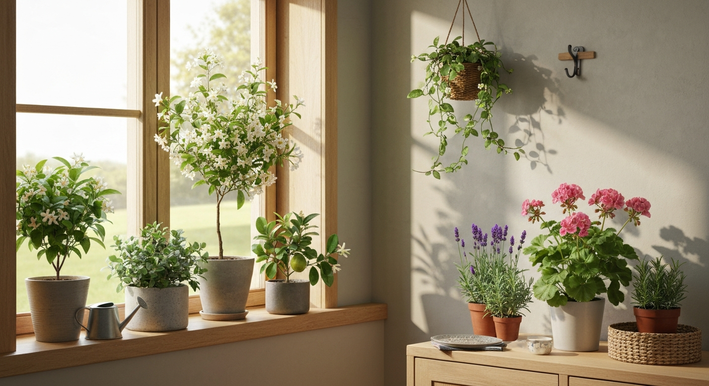 Bright sunlit windowsill and hanging planter with jasmine, gardenia, Meyer lemon, Hoya, lavender, rosemary and a scented pelargonium, showing blossoms and leaves in a cozy home setting.