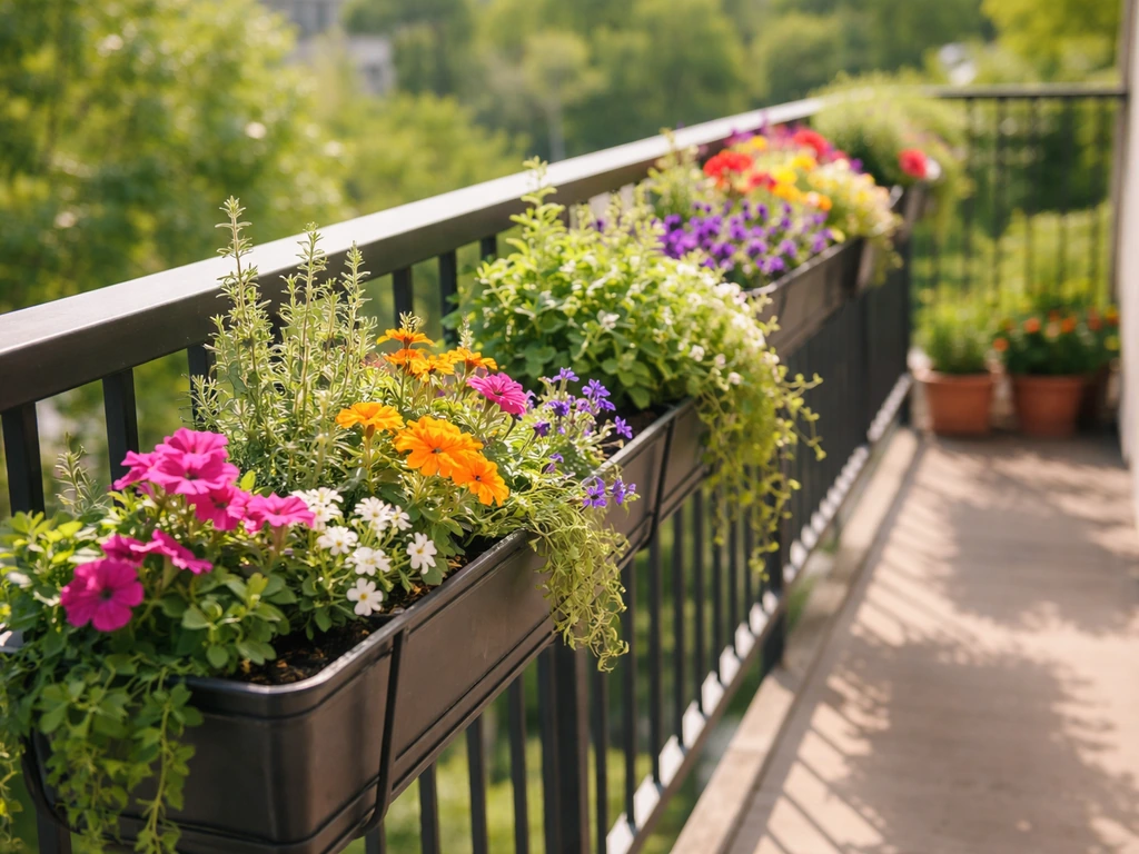 Sunlit balcony railing planters overflowing with mixed flowers and herbs spilling over the rail.