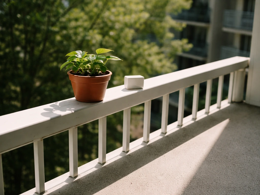 Small potted plant on a balcony railing with sunlit and shaded floor areas to gauge direct exposure hours.