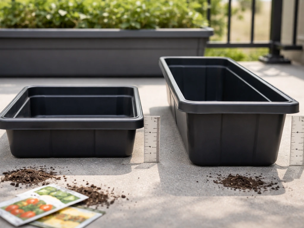 Side-by-side shallow and deep planter inserts with a ruler showing depth difference outdoors.