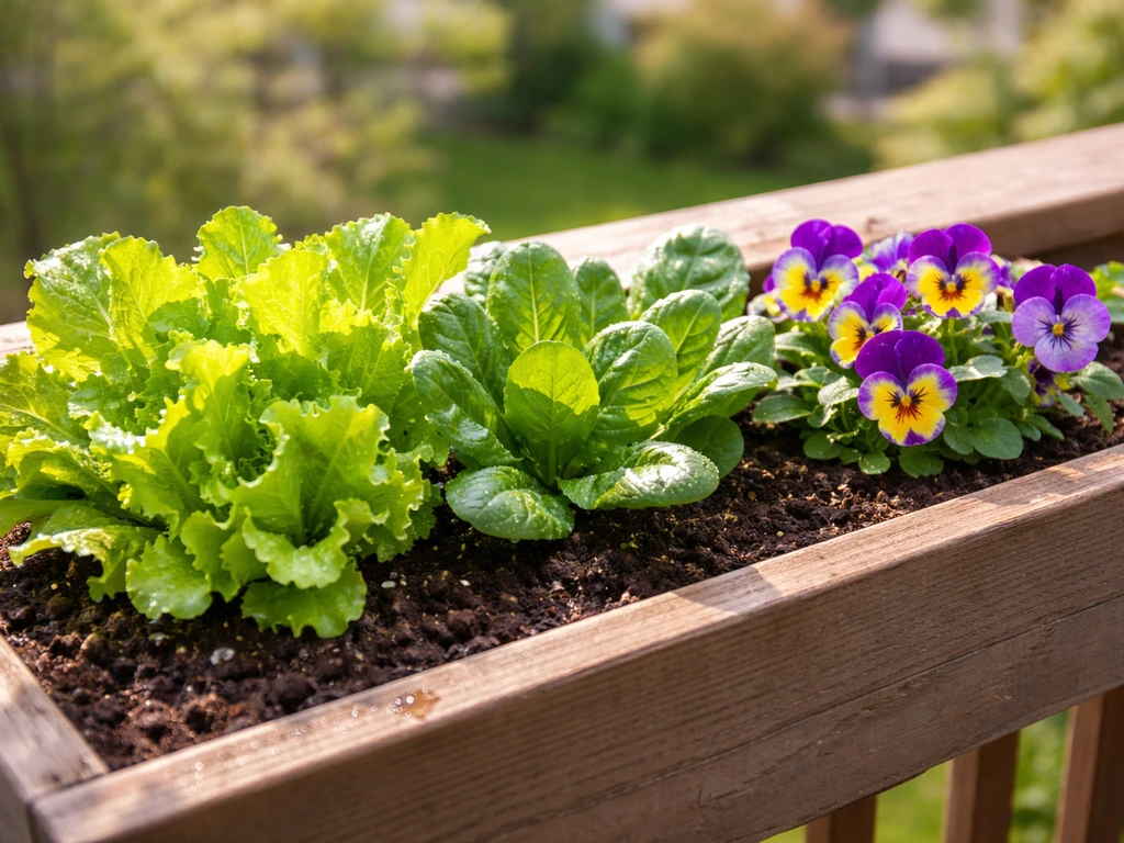 Spring railing planter with lettuce and spinach greens beside pansies in fresh cool-season soil.