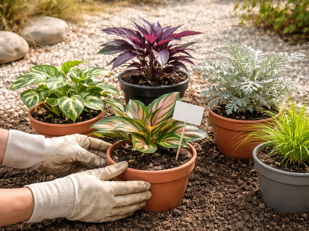 Gloved hands carefully potting several non-edible ornamental plants on a sunny patio with blank plant tags.
