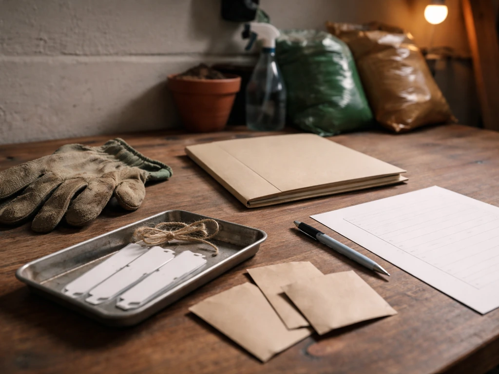 Workbench with gardening gloves, plant tags, and a legal checklist folder laid out beside potting supplies.