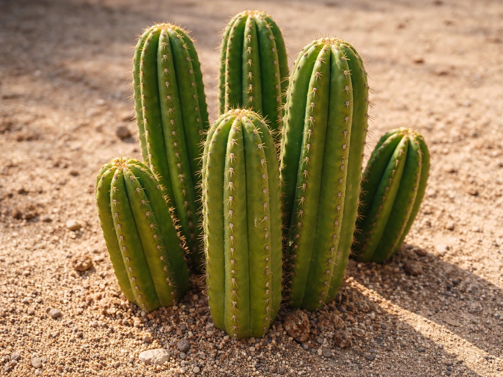 Close-up of San Pedro cactus in sandy fast-draining soil under bright sun.