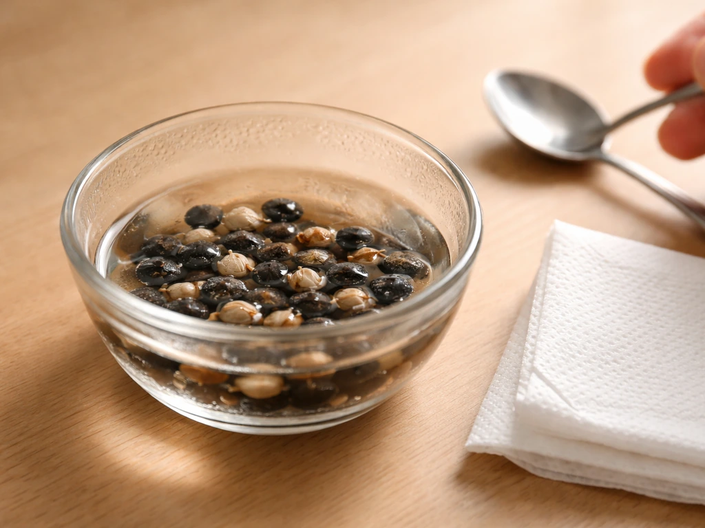 Morning glory seeds soaking in warm water in a small glass bowl on a wooden table.