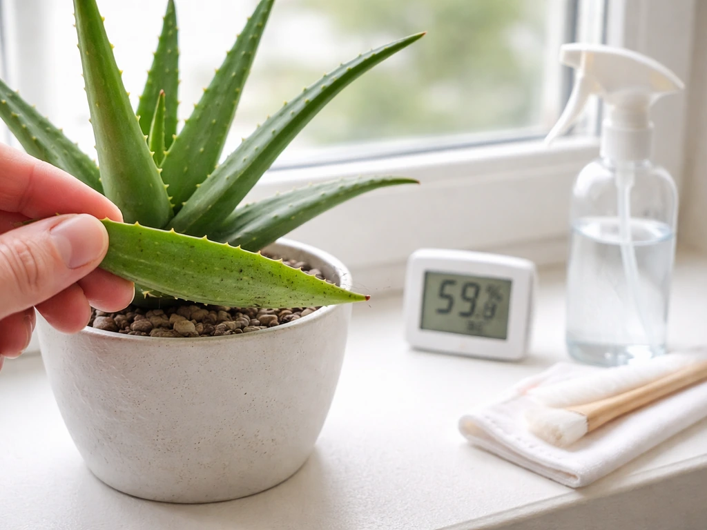 Close-up of plant leaves with an underside inspection, small humidity gauge, and pest-control prep items nearby