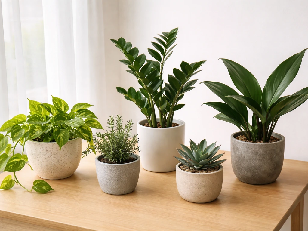 Easy houseplants in simple pots on a table by a window, with a couple hardy outdoor plants.