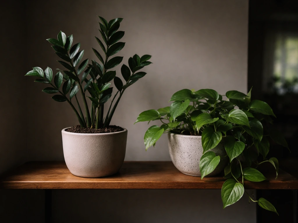 ZZ plant and pothos thriving on a wooden shelf in a dim, shadowy room away from windows.