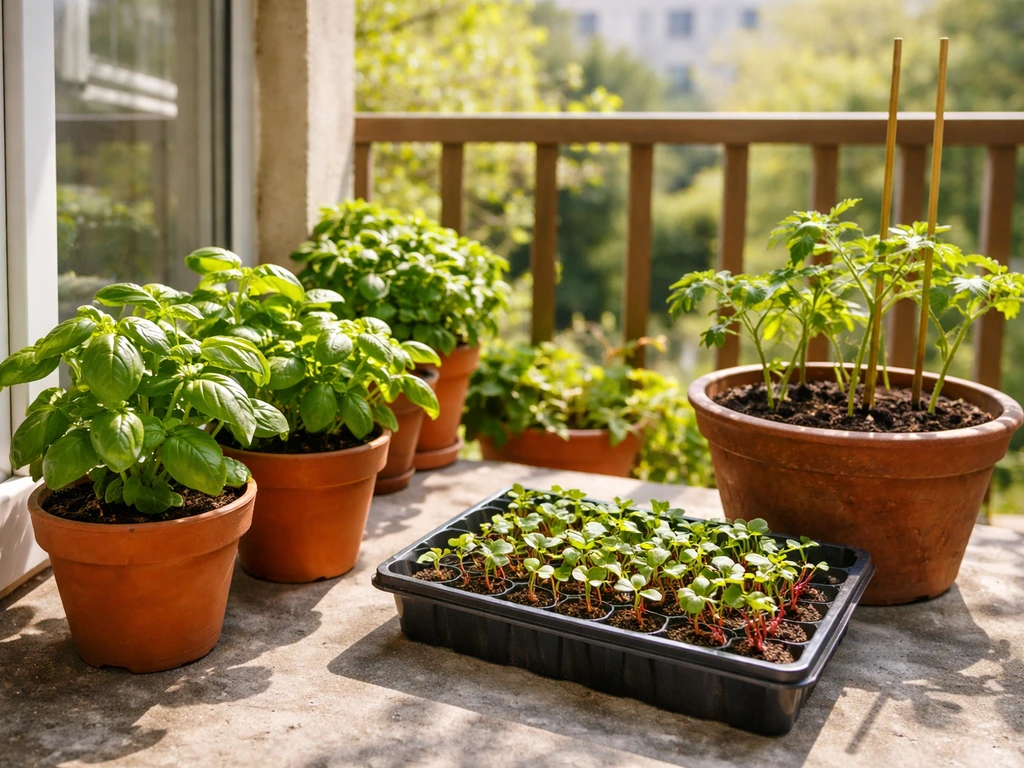 Sunlit balcony containers with basil, radish seedlings, and young tomato plants in pots and trays.