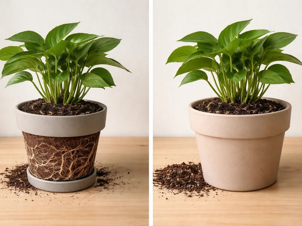 Root-bound potted plant showing roots vs same plant replanted in a larger pot with fresh soil