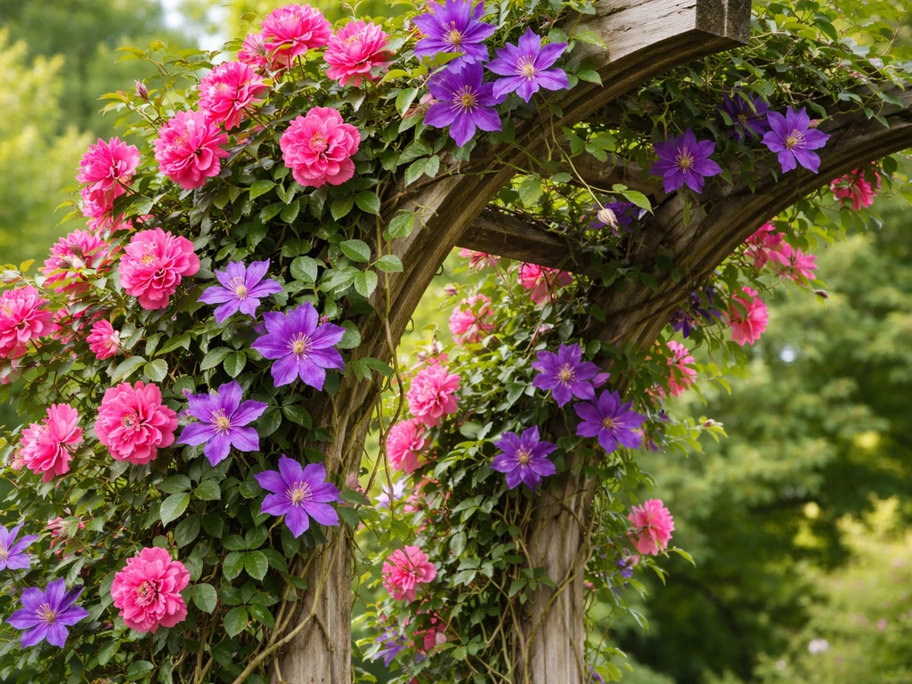 Close view of blooming climbing rose and clematis trained on an arbor with lush green foliage