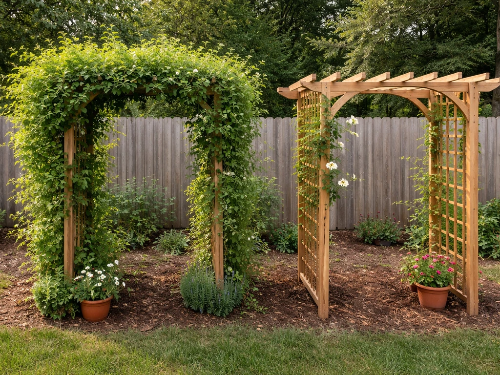 Two adjacent arbors with vines: one lush and fast, the other sparser and tidy.