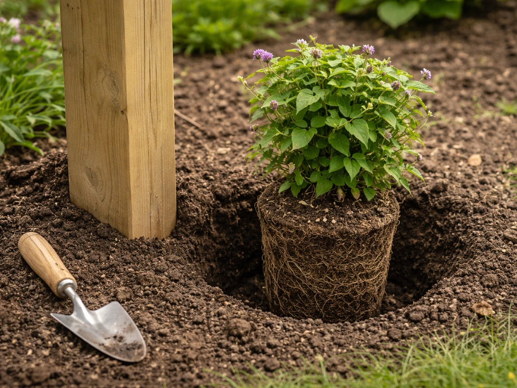 Clematis rootball planted in soil with spacing from an arbor post, not against the dry rain shadow area.